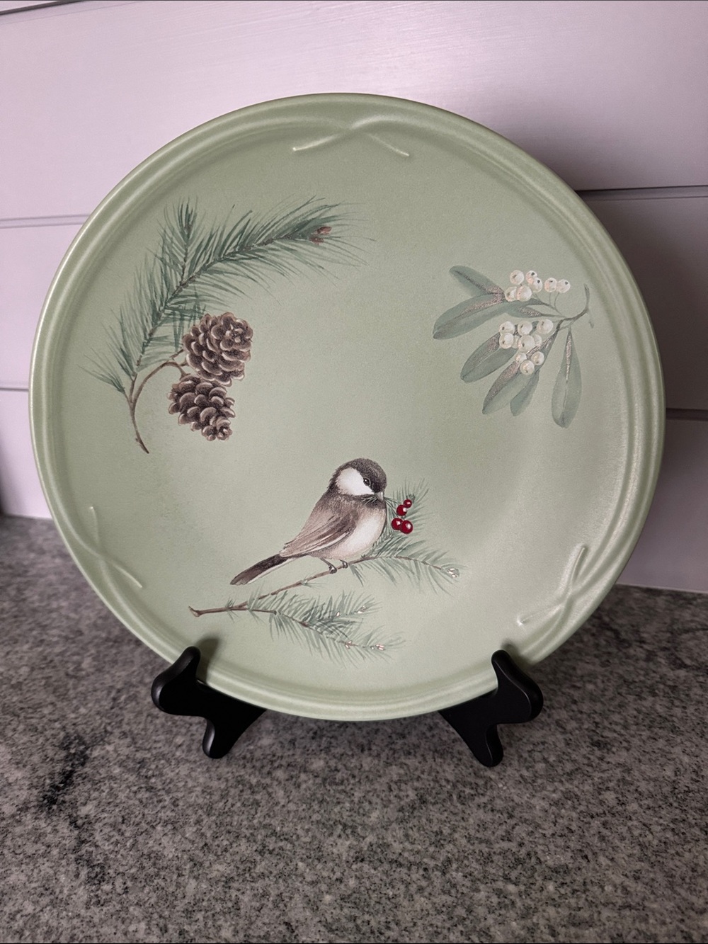 Pfaltzgraff Sage Green Plate with Winter Bird & Pinecones